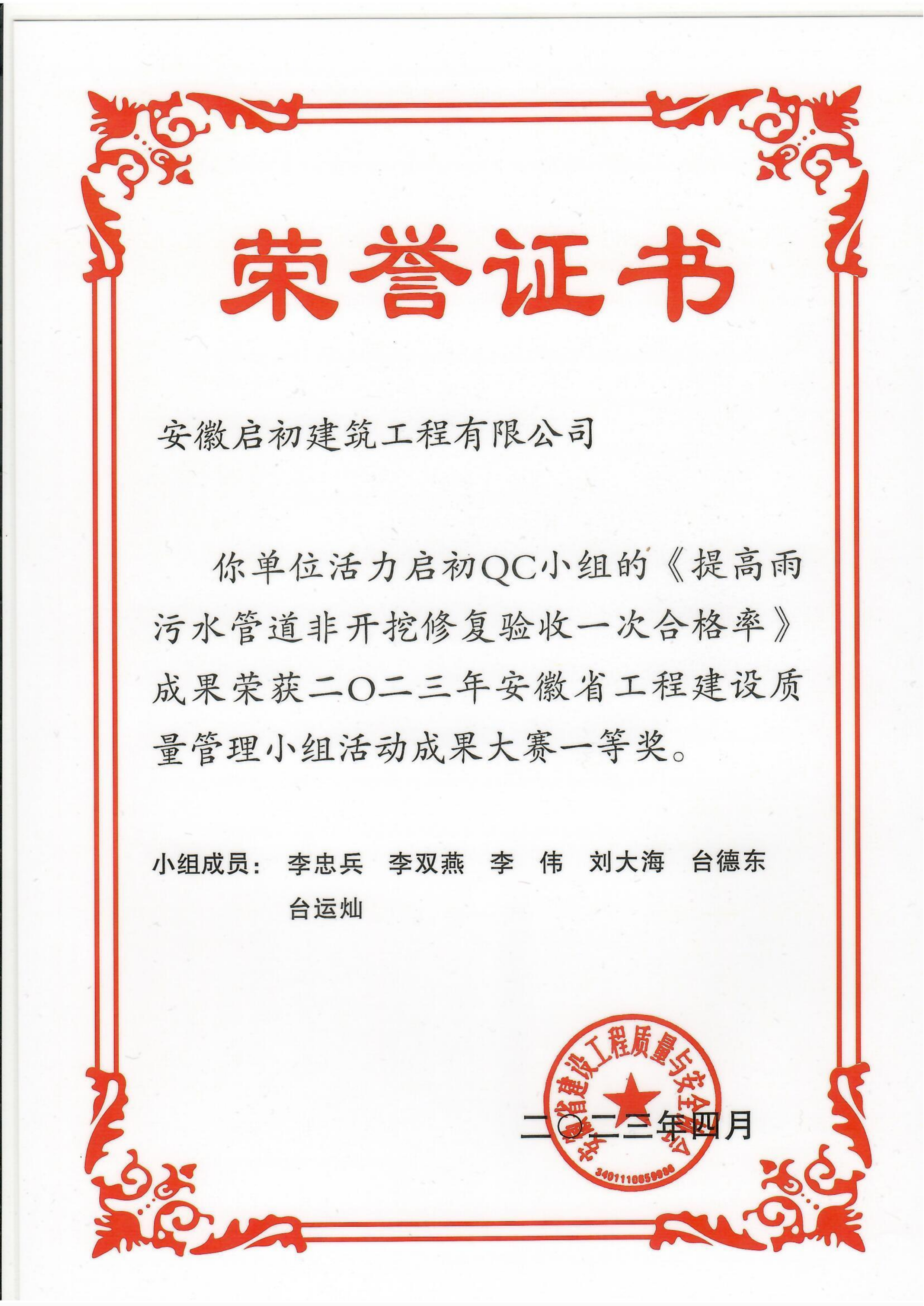 省級QC小組一等獎